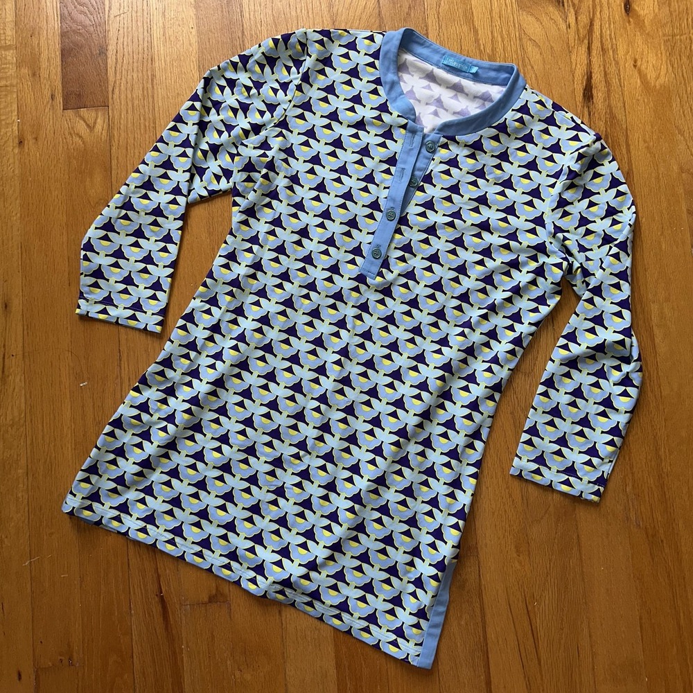 J McLaughlin Tunic Top XS Blue Yellow Geometric Floral Maximalist 3/4 Sleeve
